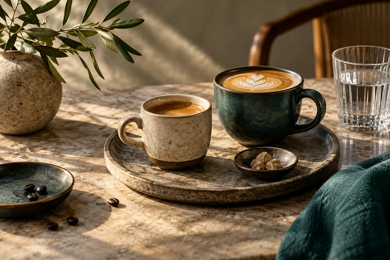 AI-created editorial illustration: A small coffee tasting still life with two different ceramic cups, a clear water glass and rich warm side light.